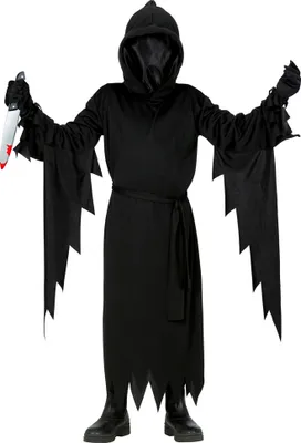 A person wearing a grim reaper costume holding a knife.