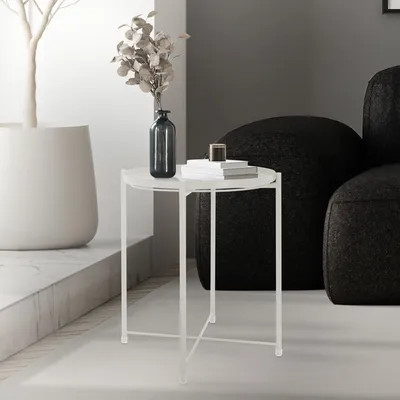 Produktbild von ML-Design Beistelltisch mit abnehmbarem Tablett, Ø 45x52 cm, Weiß, aus Metall, stabil & standsicher, Couchtisch Wohnzimmertisch Sofatisch Kaffeetisch, für Getränke/Snacks