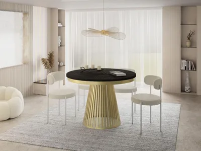Produktbild von Esstisch Rund Ausziehbar mit Lamellen im Loft-Stil – 100 bis 180 cm – Industrieller Tisch mit Metallbeinen in Gold, Platzsparend für Wohnzimmer oder Esszimmer – Marmor Schwarz