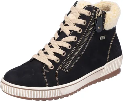 A black high-top sneaker with beige laces and a white sole.