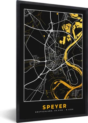 Produktbild von MuchoWow® Gerahmtes Poster Karte - Speyer - Gold - Stadtplan - Deutschland 40x60 cm - Poster mit Schwarzem Bilderrahmen Wandposter Rahmen Foto Bilder - Papierdruck - Wandbilder