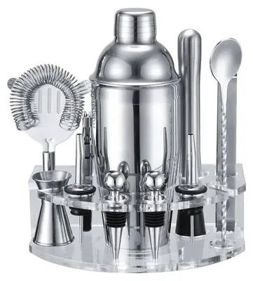 Image de Set à cocktails - Shaker à cocktails - 12 pièces - Acier inoxydable - Support en acrylique argenté