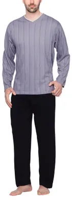 Produktbild von Moonline - Herren Schlafanzug lang aus 100% Baumwolle mit V-Ausschnitt und Streifen-Design ; grau , 3XL