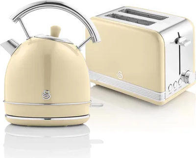 Image de SWAN STP7050CNEU Set Rétro Petit Déjeuner, Bouilloire 1,8L Sans Fil, 2 Grille-Pain à Fente Large, Crème Vintage