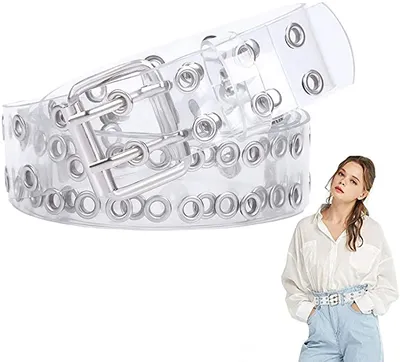 Obrázek produktu pro Průhledný PVC pásek, dámské módní pásky, dámské pásky, pásek s dvojitou přezkou, PVC průhledný pásek s dvojitou přezkou a otvory/dlouhým řetězem pro ženy, dívky a mladé dívky