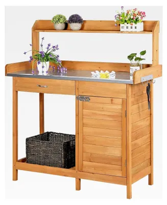 Produktbild von Pflanztisch mit Schubladen und Unterschrank, Blumentisch, Outdoor-Gärtnertisch aus Holz mit verzinkter Arbeitsplatte, wetterfest, 112 x 46,5 x 125 cm, Holzfarbe