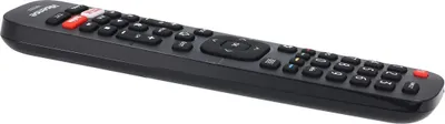 A black remote control with red buttons is shown against a white background.