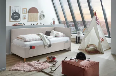 Produktbild von Meise Möbel Kinderbett Cool 90x200 cm | Polsterliege | Bettkasten & Lattenrost | Cordstoff Nata | Holzfuß eichefarbig
