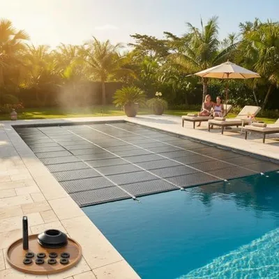 Produktbild von Pool Solarfolie Rund Ø 549 cm Schwarz 120my – Solarplane PVC mit Luftkammern und Ösen | spart bis zu 70% Heizkosten, reduziert Verdunstung, UV-beständig, zuschneidbar für Aufstellpool