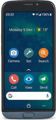 A smartphone with its screen displaying the home screen with various app icons and a Google search bar.