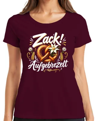 Produktbild von Zack! Aufgebrezelt Bayern Brezel Wiesn Trachtenshirt Lederhose Damen T-Shirt, Burgundy, M