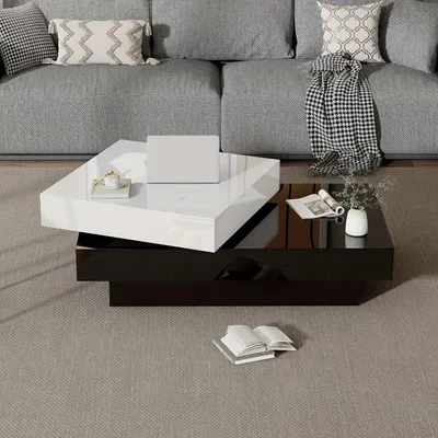 Image de Table basse - Table pivotante - Table d'appoint - Table de salon - Table - Noir et blanc - Rotation à 360°