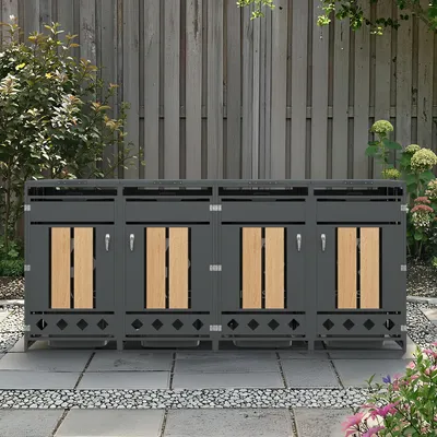 Produktbild von Mülltonnenbox 4er mit Klappdeckel, abschließbar, vertikaler Holzmaserung, rautenförmiger Hohlsocke, Gartenaufbewahrung