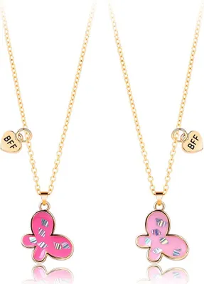 Produktbild von Bixorp Friends BFF-Halskette für 2 mit rosa Schmetterlingen – goldfarben – Freundschaftskette – zwei Hälften beste Freunde – Freundschaftsgeschenk für zwei