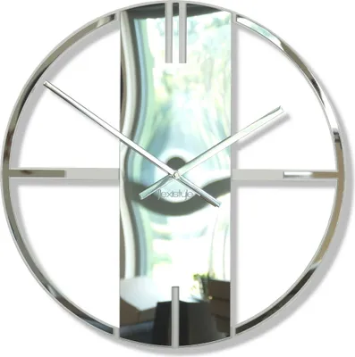 A modern, silver wall clock with a unique, abstract design.