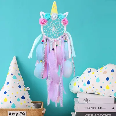 Produktbild von Einhorn Traumfänger Dreamcatcher mit Federn handgemachte Blume rosa Traumfänger für Mädchen Schlafzimmer Wandbehang Dekoration