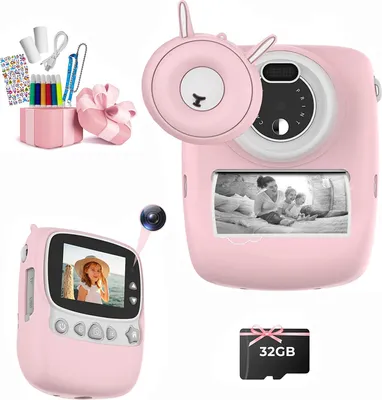 Produktbild von Kinderkamera, Kinder-Digitalkamera mit Druckblatt, Kinderkamera mit 32G TF-Karte, Kamera mit Farbstiften und Fotohalter, rosa