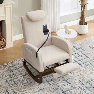 Produktbild von Schaukelstuhl - Loungestuhl - Schaukelsofa - Ohrensessel - Beige Leinenstoff - Verstellbare Kopfstütze