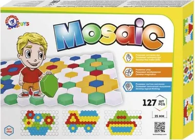 The image shows the front of a toy mosaic building set box. A cartoon boy is depicted holding a green mosaic piece, surrounded by a colorful mosaic pattern. The box features the product name 'Mosaic' and lists benefits and product details.