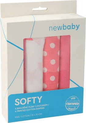 Obrázek produktu pro Látkové bavlněné pleny New Baby Softy s potiskem 70 x 70 cm 4 ks růžovo-bílé