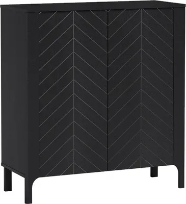 A black two-door cabinet with a chevron pattern on the doors, standing on four legs.