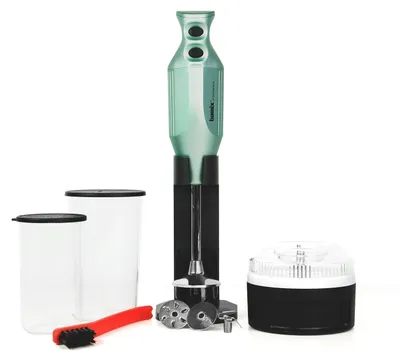 A Bamix immersion blender and its accessories are displayed against a white background.