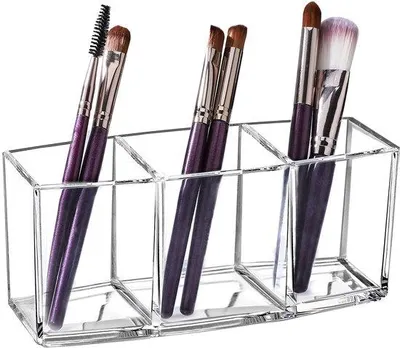 Imagen del producto de Ibenzoa® Organizador de maquillaje transparente de acrílico (plexiglás) con 3 compartimentos: para cosméticos, pinceles y bolígrafos, que ahorra espacio, de 18 x 8 x 5 cm