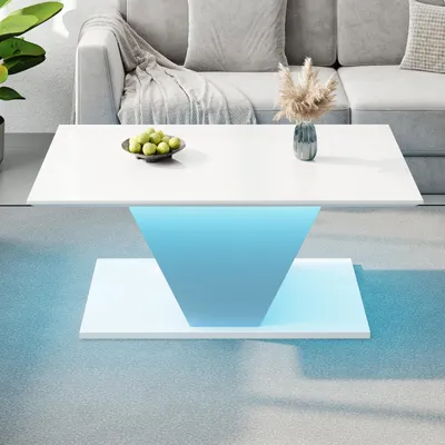 Produktbild von okwish Sonderformige Couchtisch Beistelltisch mit LED-Beleuchtung und Hochglanzoberfläche,Sofatisch Wohnzimmertisch mit V-förmiges Design,Weiß