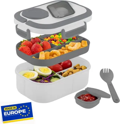 Produktbild von Lunchbox mit Fächern und Besteck, Bento Box, ausfallsicher, für Schule