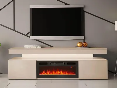 A modern TV stand with a built-in electric fireplace and a large flat-screen TV mounted above it.