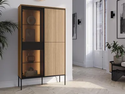 Obrázek produktu pro Vysoká prosklená komoda s dvířky a šuplíkem ANACORTES - dub + LED osvětlení