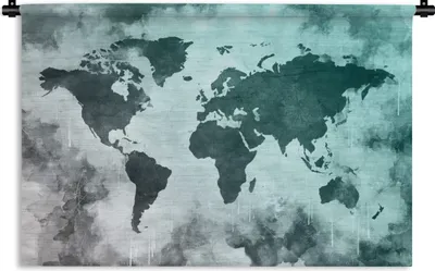 Produktbild von MuchoWow® Wandteppich Wandbehang Weltkarte - Grau - Blau 150x100 cm Tapisserie Dekoration Wandtuch - Waschbar - Tapisserien - Wand-Decke