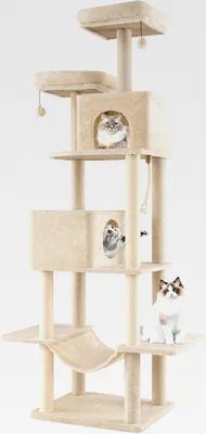 Produktbild von Kratzbaum groß, Katzenbaum XXL, 205 cm hoch, Katzenkratzbaum stabil, Kletterbaum mit 2 Höhlen, 2 Liegeflächen, Hängematte, Sisal-Kratzpfosten, Sisalseil, Plattformen & Ball, Beige