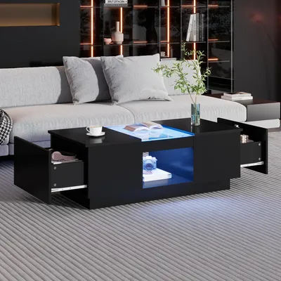 Produktbild von STILVORA Couchtisch mit Glastischplatte,Kaffeetisch mit Beleuchtung durch APP-Steuerung,Sofatisch mit 2 Schubladen und 1 offenes Fach,Schwarz