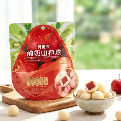 Produktbild von Yogurt Hawthorn Balls 58 g – Gummibonbons mit Joghurtgeschmack und Weißdornfruchtfüllung + Heartforcards Versandschutz