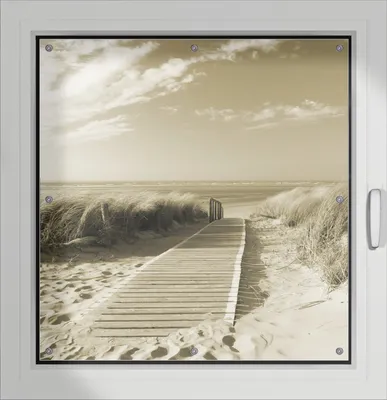Produktbild von Wallario Lichtschutzbild, Dekorativer Sichtschutz Sonnenschutz 96 x 100 cm mit Motiv: Auf dem Holzweg zum Strand in Sepiafarben - Verdunklung ohne Bohren