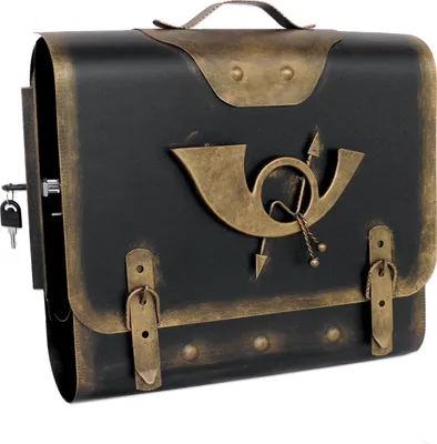 Produktbild von Briefkasten alter Ranzen Posthorn Antik-Look Design Schultasche Wandbriefkasten mit Zeitungsrolle abschließbar Handarbeit robust und praktisch - Farbe: Schwarz-Gold | Entnahme: Links