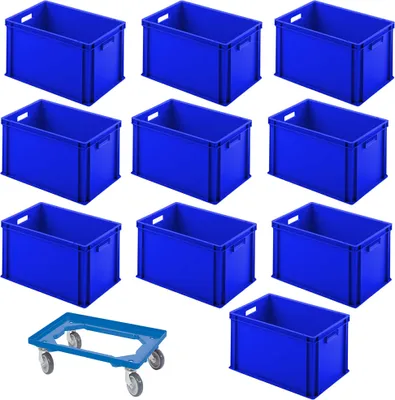 A collection of blue plastic storage crates and a blue transport dolly are arranged on a white background.