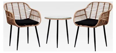 Produktbild von Balkonset mit 2 Stühlen und 1 Tisch, Gartenmöbelset, Ideal für kleine Balkone, Poly-Rattan, 2 Stühle mit Armlehnen (80x59x56 cm) und Tisch (53x52 cm), Wetterfest, Schwarze Kissen