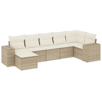 Produktbild von Modulares 7-tlg. Garten-Sofaset, Poly Rattan Beige, UV-beständig, mit Stauraum, wasserabweisendem Beutel und waschbaren Cremeweiß-Kissen