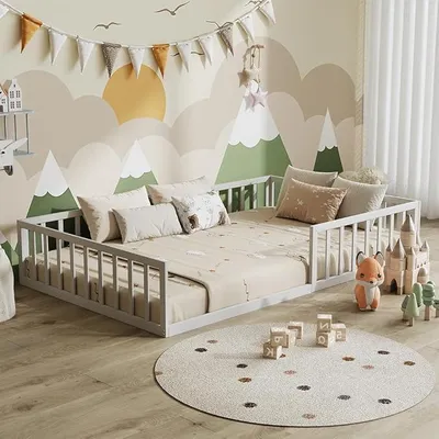 Image de Lit enfant Minno 120x200, lit en métal, lit Montessori avec barrière de sécurité, faible hauteur d'accès, blanc