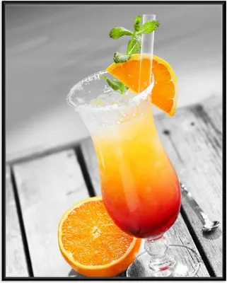 Produktbild von Wallario Wandbild Bunter Cocktail am Pool mit Hintergrund in schwarz weiß, Größe: 40,30 x 50,30 cm, Poster mit schwarzem Aluminiumrahmen