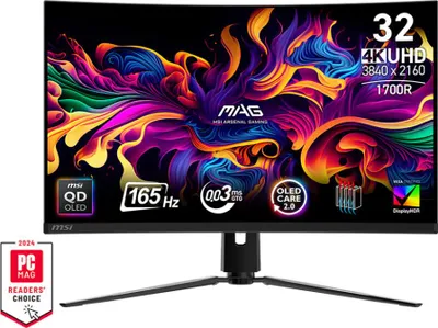 A computer monitor displaying vibrant abstract artwork, with various feature callouts and branding visible.