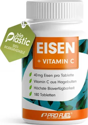 Produktbild von ProFuel Eisen + Vitamin C | 180 Tabletten | Eisenbisglycinat | mit natürlichem Vitamin C aus Hagebutten | vegan