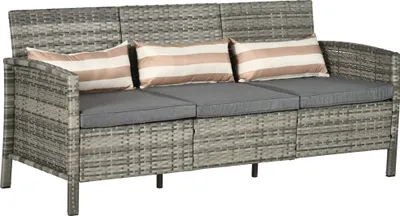 Produktbild von Outsunny Rattan Sofa mit Kissen, Dreisitzer, Garten Loungesofa, Stahl, Grau, 173 x 68 x 78 cm