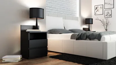 Produktbild von VBChome Nachttisch 40 x 32 x 59 cm Schwarz Matt Nachttisch mit 2 Schubladen und 1 Fächer für das Schlafzimmer Grifflose Büro Zimmer Modern Schwarz Matt