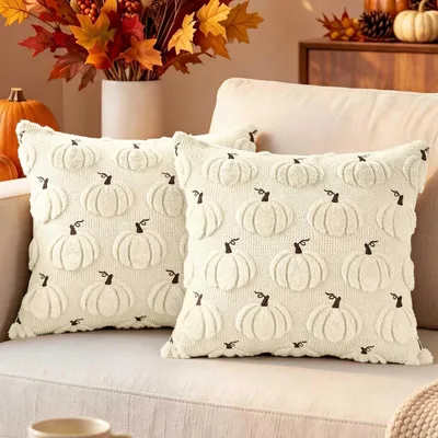 Produktbild von Kissenbezug Herbst 2 Stück 40x40 cm Plüschkürbis Dekokissen Weiß