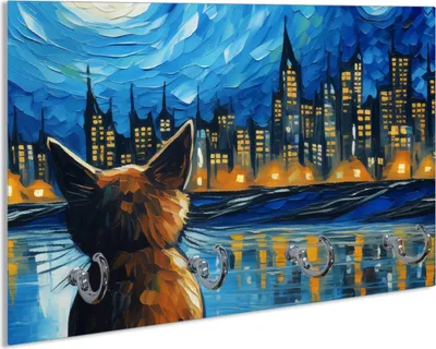 Produktbild von Wallario Schlüsselbrett aus Glas, Motiv: Katze im Mondschein, 30 x 20 cm mit 4 Haken