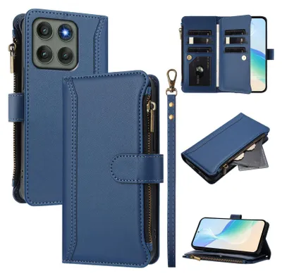 Produktbild von Handyhülle für Motorola Moto Edge 60 Pro Reißverschluss Geldbörse Kunstleder Klapphülle mit Kartensteckplatz, Ständer, Handschlaufe Dunkelblau