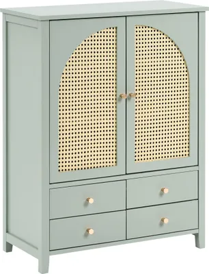 Produktbild von BELIANI Schuhschrank Mintgrün MDF Holzwerkstoff u. Polyrattan Halbhoch Schmal mit 4 Schubladen 2 Türen Wiener-Geflecht Boho-Design für 12 Paar Schuhe